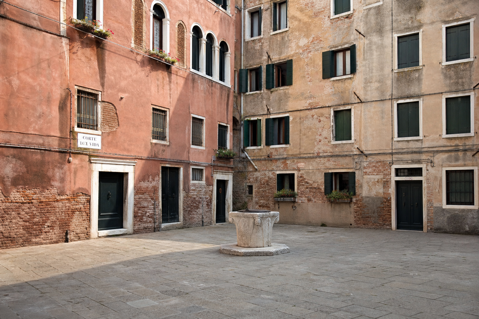 Campo San Giacomo dell'Orio al mattino — alberi, fontana, panchine in pietra, gente che fa la spesa